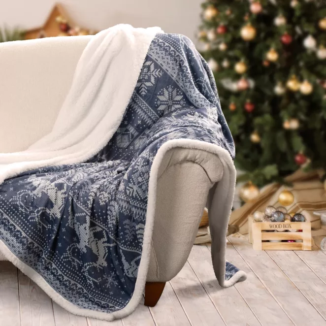 Koc dwustronny świąteczny 150x200 cm niebieski, biały z nadrukiem zimowym