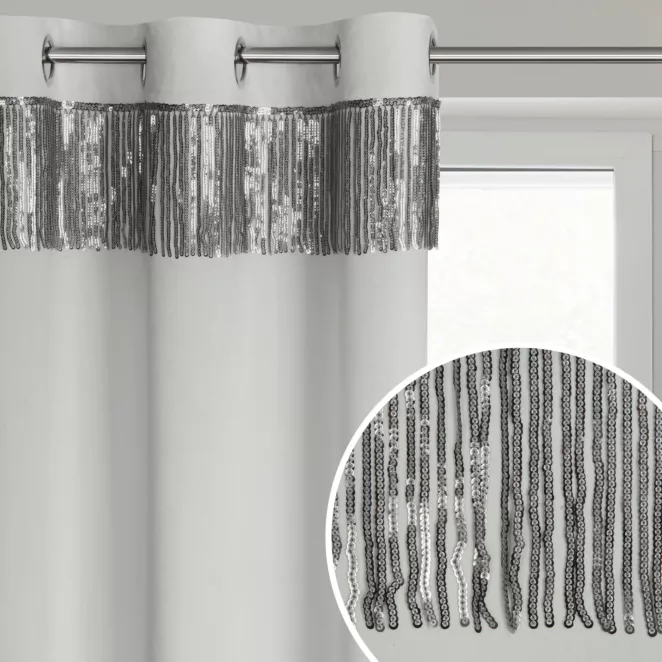 Zasłona biało, srebrna z welwetu zdobiona cekinami 140x250 cm przelotka - JASPER