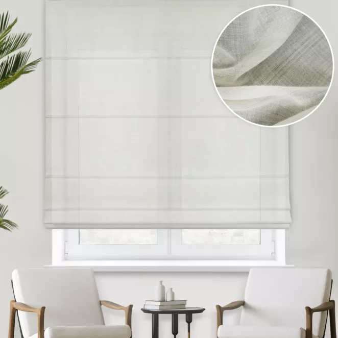 Roleta rzymska beżowa z gładkiej etaminy z efektem melanżu, wykończona obciążnikiem