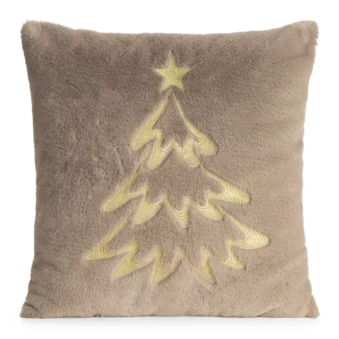 Poszewka na poduszkę świąteczna 45x45 cm jasnobrązowo, szampańska z przyjemnego futerka zdobiona haftem choinki