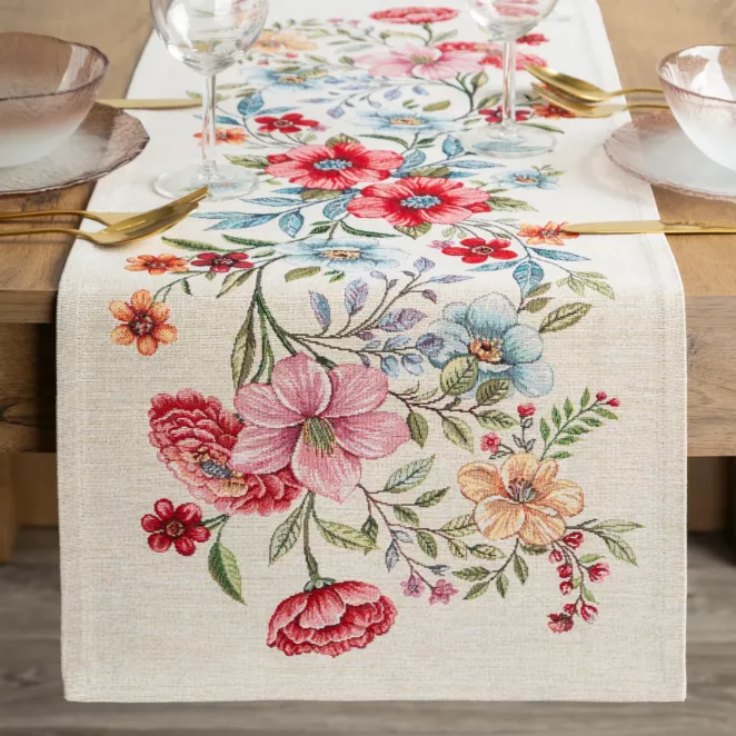 Bieżnik na stół naturalno, różowy 40x100 cm gobelinowy zdobiony motywem kwiatów