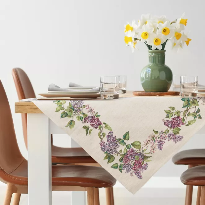Obrus na stół naturalno, fioletowy 100x100 cm gobelinowy zdobiony motywem bzu