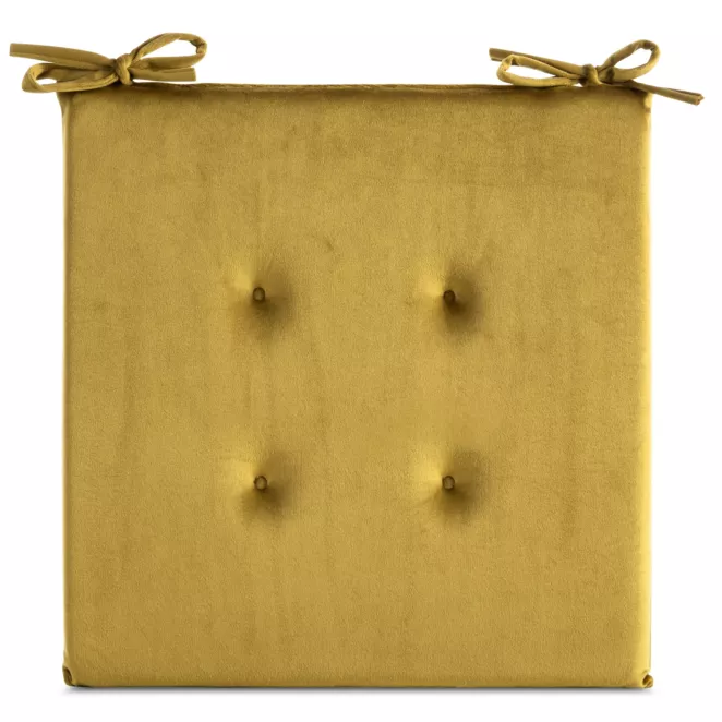 Poduszka na krzesło 40 x 40 x 3 cm welwetowa musztardowa z ozdobnym pikowaniem i praktycznymi troczkami GAJA