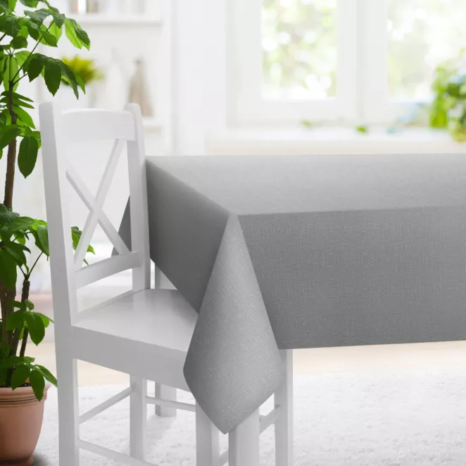 Obrus szyty JULIETT popielaty z eleganckiej połyskującej tkaniny przetykanej lureksową nicią