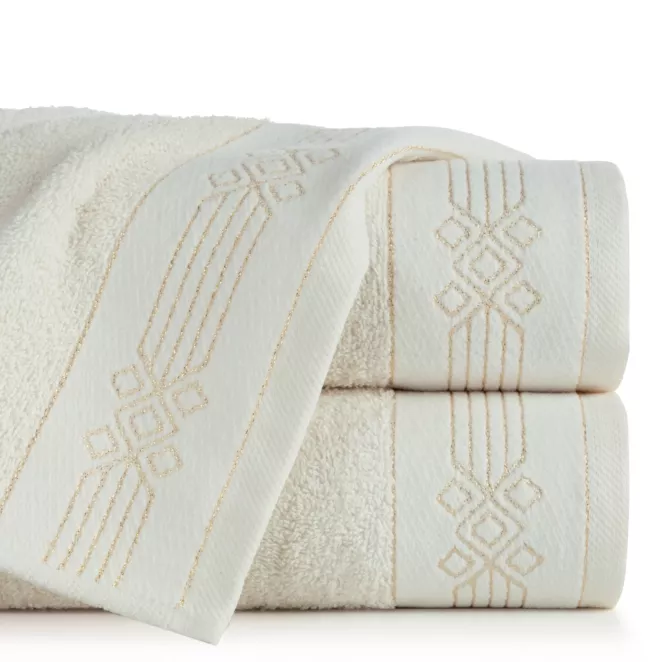 Ręcznik kąpielowy 50x90 cm bawełniany kolor kremowy z geometrycznym ornamentem 520 g/m2 KAMELA
