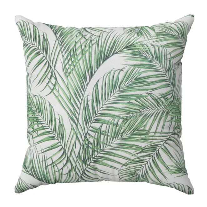 Poszewka szyta PALMAS zielona z tkaniny o naturalnym splocie w botaniczny wzór