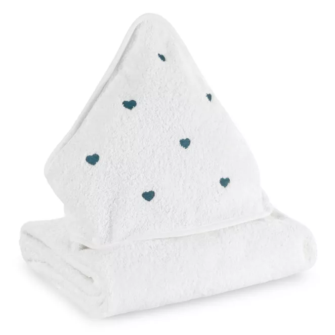 Ręcznik kąpielowy dziecięcy 100x100 cm bawełniany kolor biały,jasnoniebieski z kapturem i haftem serduszek 400 g/m2 BABY 58