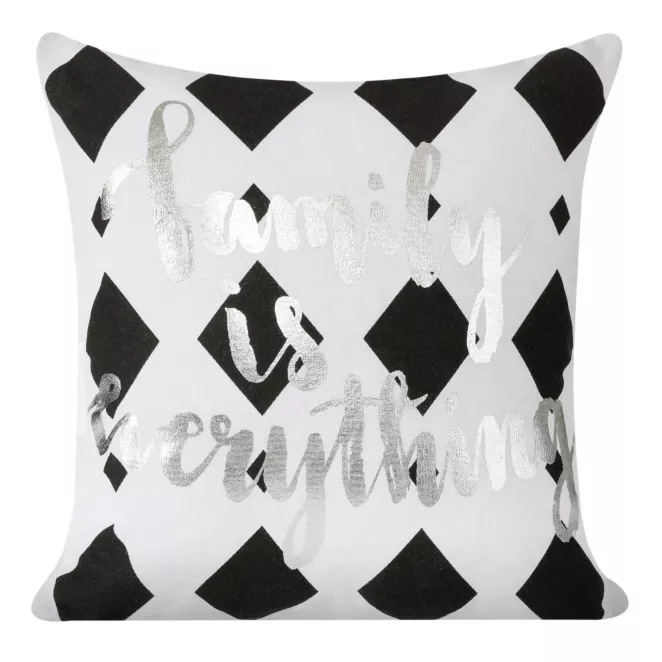 Poszewka na poduszkę 40x40 cm bawełniana, biała z nadrukiem geometrycznym i srebrnymi napisami ENOLA