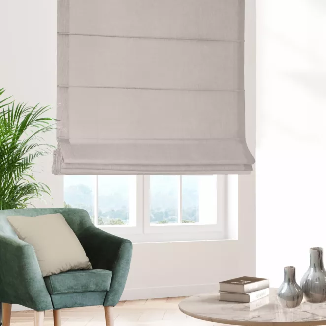 Roleta rzymska ENYA szarobeżowa z miękkiej półmatowej tkaniny welwetowej
