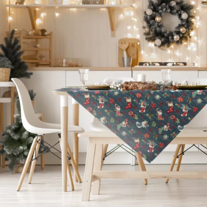 Obrus garantowo, złoty 100x100 cm gobelinowy GIFT z motywem świątecznym