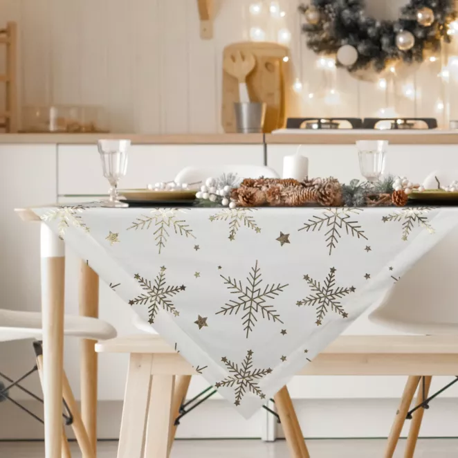 Obrus świąteczny 85x85 cm biało, szampański welwetowy zdobiony śnieżynkami