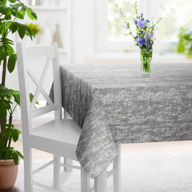 Obrus na wymiar popielato srebrzysty z tkaninay o grubym, naturalnym splocie z delikatnym połyskiem