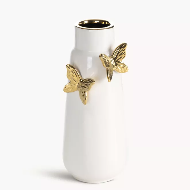 Wazon dekoracyjny kremowo, złoty zdobiony uroczymi motylami 12x10x26 cm ASTRID