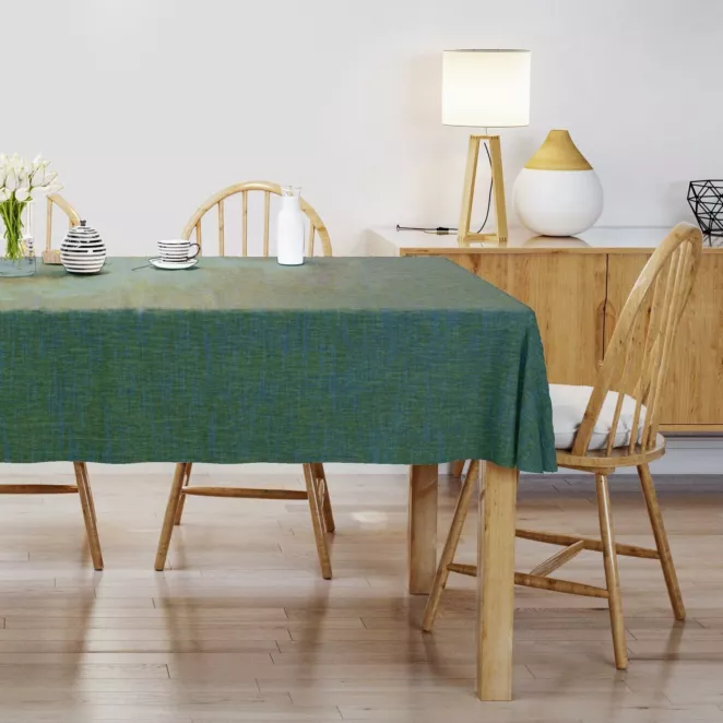Obrus szyty butelkowo zielony miękka, szenilowa tkanina o wyraźnym splocie i delikatnym połysku, mieniąca się w dwóch odcieniach