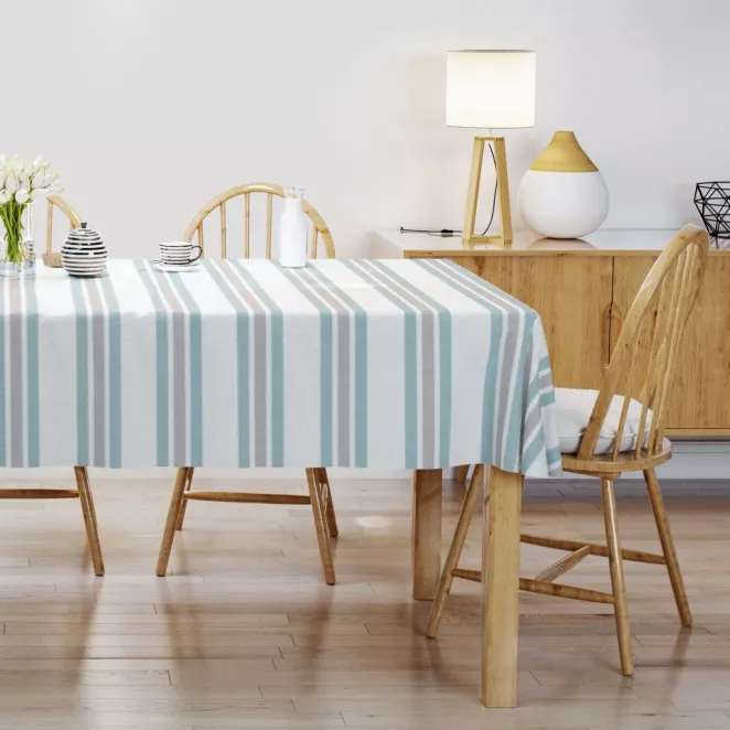 Obrus szyty jasnokremowo turkusowy z tkaniny o naturalnym splocie z nadrukowanym wzorem w pasy