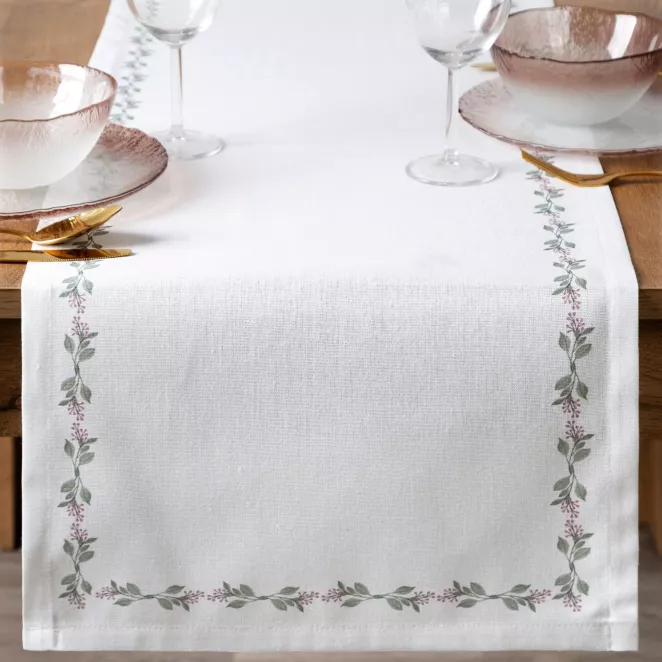 Bieżnik na stół plamoodporny 40x140 cm biało, zielony z motywem roślinnym - LILY