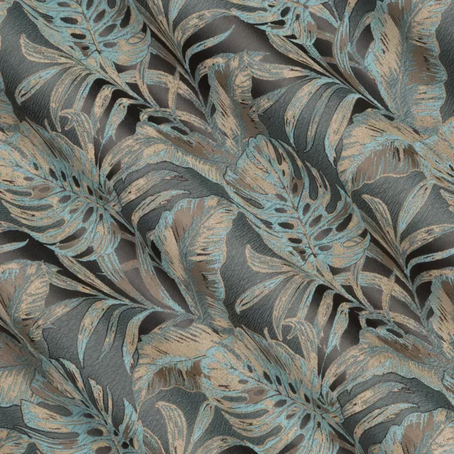 P265/4 Zasłona szyta na taśmie 5 cm popielato miętowa z eleganckiej tkaniny w ciekawy, botaniczny wzór