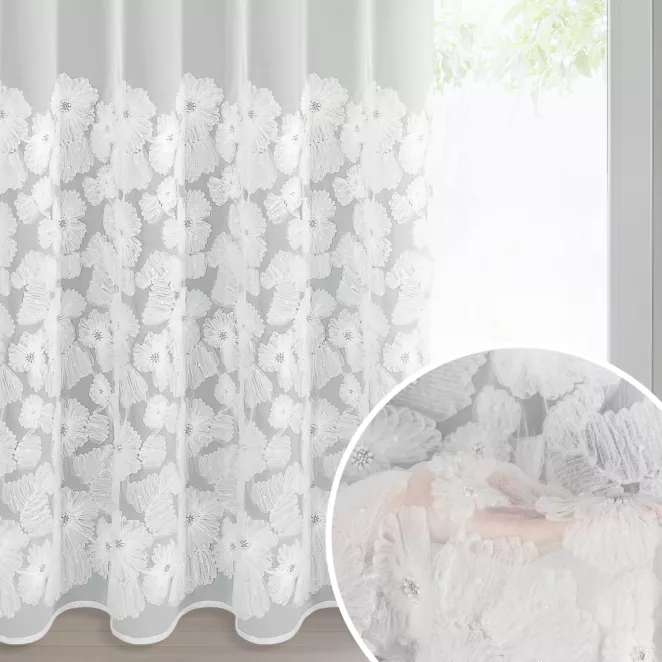 Firana biała z siateczki zdobiona kwiatami z dodatkiem drobnych perełek 3D 140x250 cm przelotka - JASMIN 2 Eva Minge