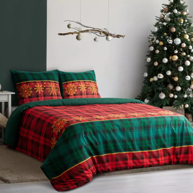 Pościel świąteczna 160x200 cm bawełna ranforce, kolor czerwony, zielony z nadrukiem kraty GLORY