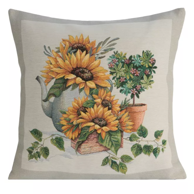 Poszewka na poduszkę 45x45 cm bawełniana, gobelinowa naturalno, żółta z kwiatowym motywem GOB