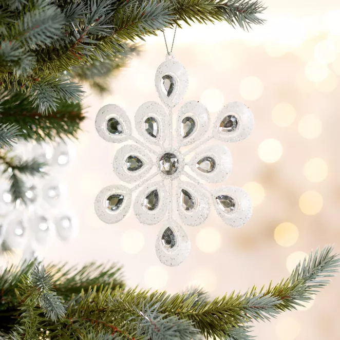 Ozdoba choinkowa ŚNIEŻYNKA zdobiona kryształkami i obsypana białym brokatem