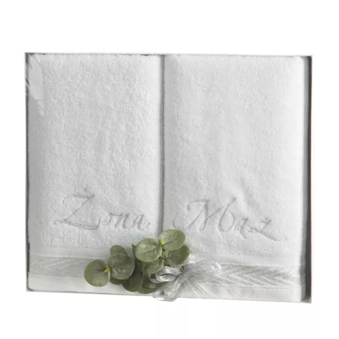 Zestaw ręczników bawełnianych na prezent 2 szt 50x90 cm kolor biały z haftem ŻONA MĄŻ