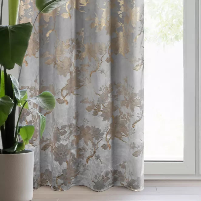 Zasłona stalowo, szampańska zdobiona nadrukiem błyszczących kwiatów 140x250 cm przelotka - CELIA