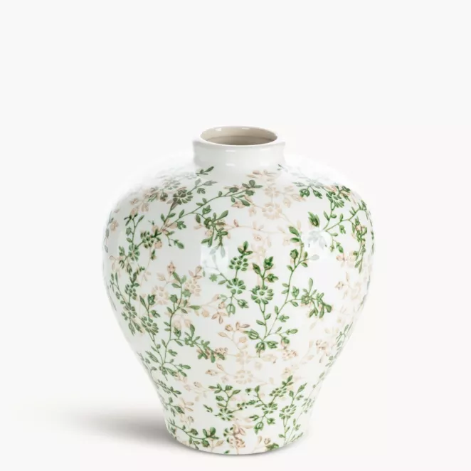 Wazon kremowo, zielony dekoracyjny z motywem roślinnym 20x20x23 cm - kolekcja FOREST SUMMER