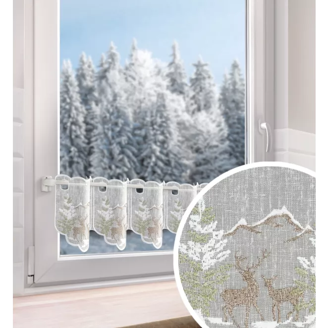 Tkanina firanowa zazdrostka zdobiona świątecznym zimowym haftem z Jelonkami