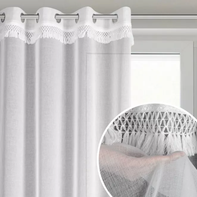 Firana biała z etaminy zdobiona subtelnym pasem frędzli w stylu eko 140x250 cm przelotka KIRA 1