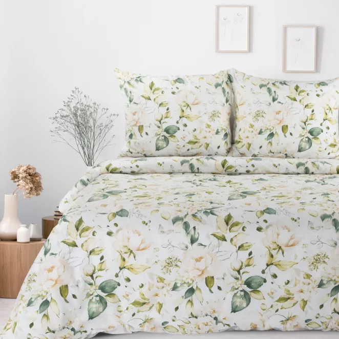 Pościel 140x200 cm bawełniana kolor biały, zielony w kwiaty SONIA 35