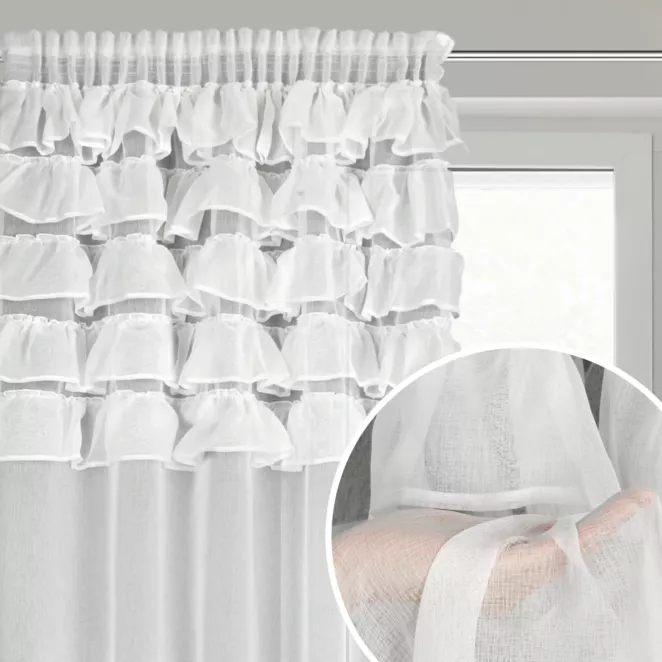 Firana biała z etaminy zdobiona w górnej części falbanami 140x270 cm taśma AURA