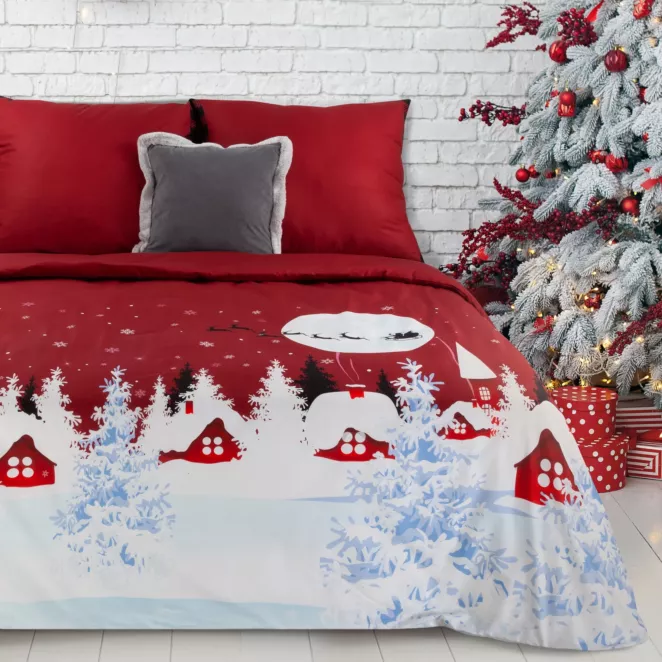 Pościel świąteczna 160x200 kolor czerwony, biały z nadrukiem panelowym  RUDOLF 01