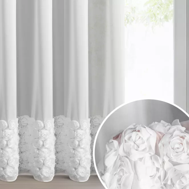 Firana biała z szyfonu zdobiona aplikacją 3D w róże 140x270 cm taśma - ROSES - Eva Minge