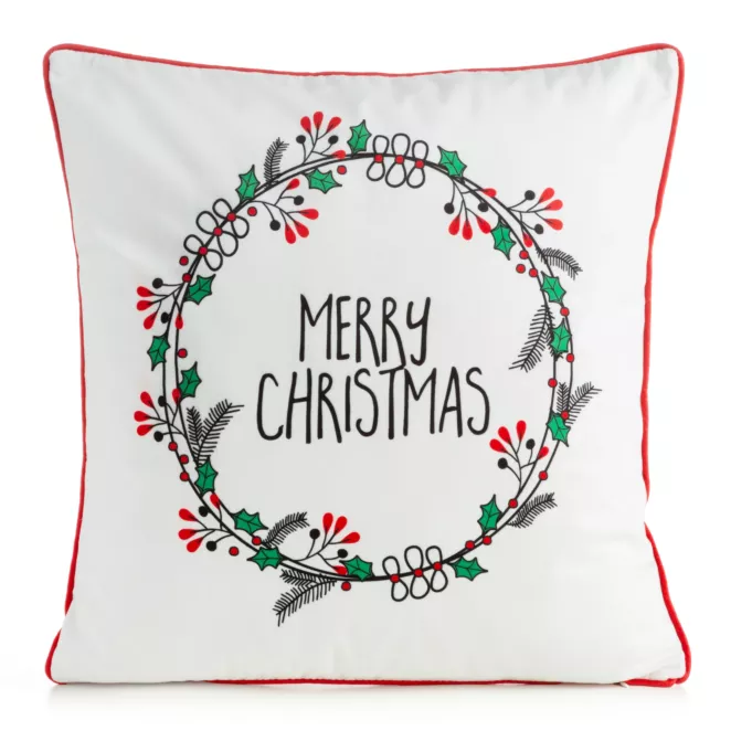Poszewka na poduszkę 45x45 cm welwetowa, kremowo czerwona świąteczna zdobiona nadrukiem ostrokrzewu TORI