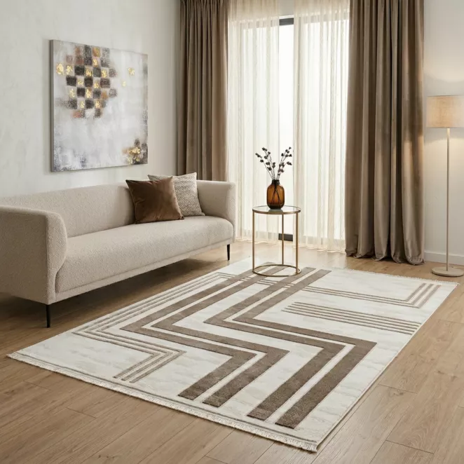 Dywan 140x190 cm biało, brązowy zdobiony motywem geometrycznym AURA 10