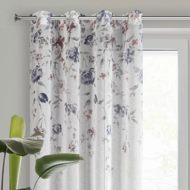 Zasłona biało, bordowa z wzorem letnich kwiatów z etaminy 140x250 cm przelotka - ALICE