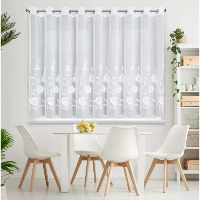Firana biała z drobnej siateczki zdobiona haftowanymi kwiatami 350x150 cm przelotka NATALI
