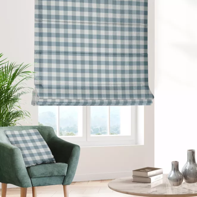 Roleta rzymska naturalno turkusowa z tkaniny w kratę