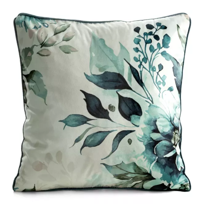 Poszewka na poduszkę 45x45 cm welwetowa beżowo, ciemnoturkusowa z roślinnym nadrukiem VELVET 205