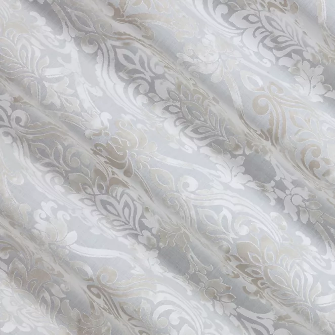 E36/1 Firana szyta na taśmie 5 cm naturalno beżowa z ekskluzywnej tkaniny z dodatkiem wiskozy w ornamentowy wzór, wykończona obciążnikiem Italissima Eva Minge