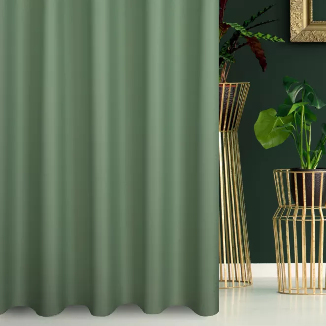 Zasłona szyta na taśmie 5 cm miętowa z gładkiej tkaniny zaciemniającej typu dimout wykończona obciążnikiem