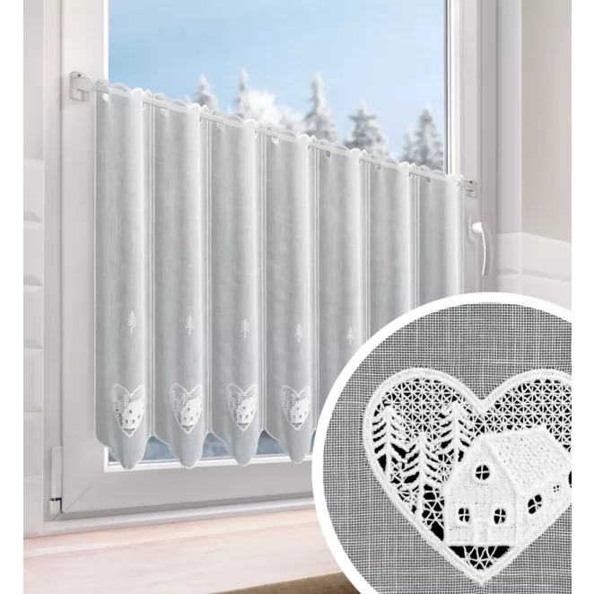 Tkanina firanowa zazdrostka świąteczna zdobiona haftem w ażurowe serce