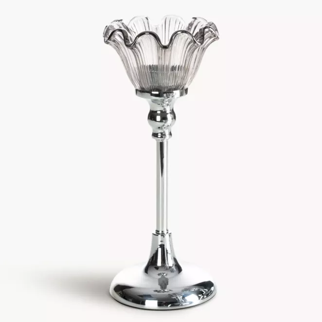 Świecznik dekoracyjny srebrno, grafitowy o szklanej kwiatowej formie średnica 11x27 cm ADENA