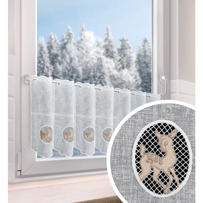 Tkanina firanowa zazdrostka z etaminy zdobiona świątecznym haftem jelonka