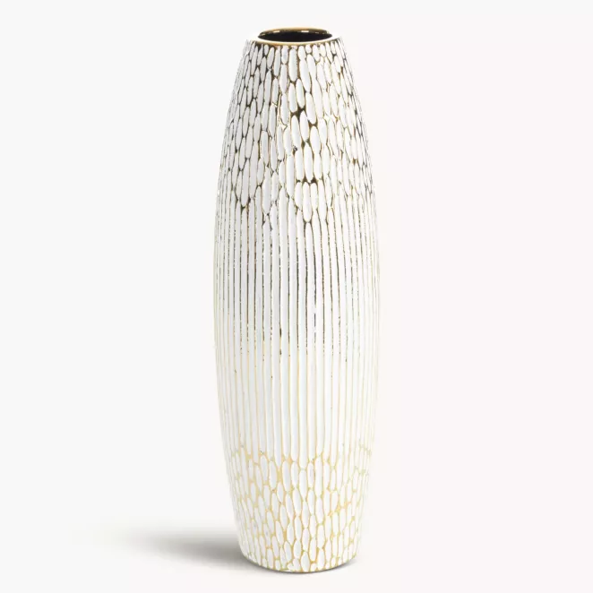 Wazon ceramiczny biało, złoty o ozdobnej fakturze 15x50 cm ANDREA