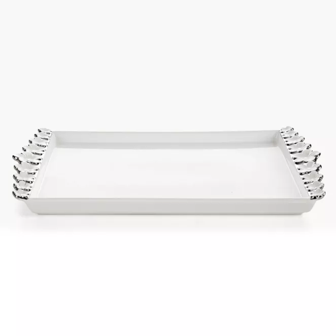 Patera dekoracyjna biało, srebrna zdobiona metalicznymi kwiatami 39x22x3 cm ARIANA