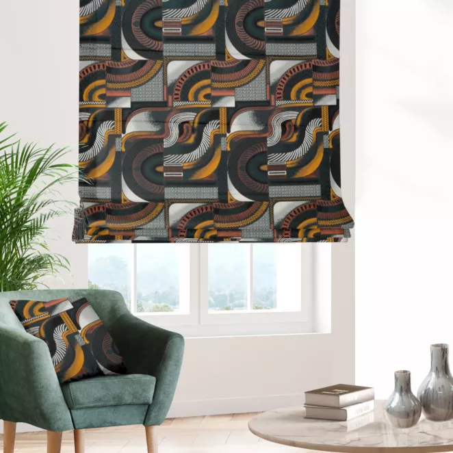 Roleta rzymska turkusowo złota z miękko układającej się tkaniny z wzorem w stylu ART DECO