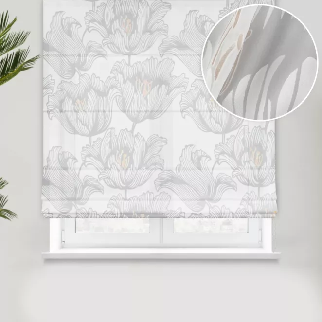 Roleta rzymska naturalna burnout z miękkiej tkaniny wiskozowej w kwiatowy wzór, wykończona obciążnikiem