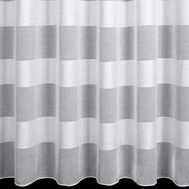 E10/2 Firana szyta na taśmie 5 cm naturalna z etaminy zdobionej poziomymi pasami, wykończona obciążnikiem Italissima Eva Minge